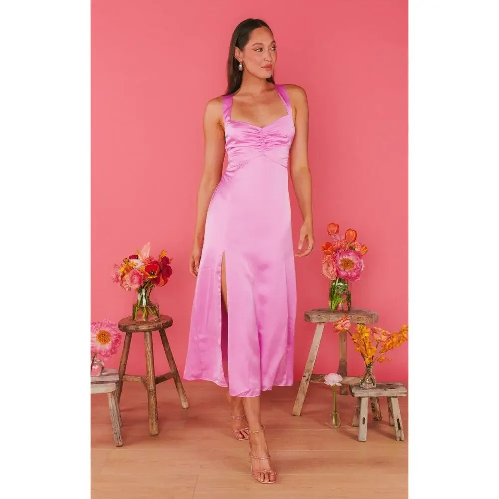 Show Me Your Mumu Mina Midi Dress Purple Pink Luxe Satin XL NWT - Picture 4 of 10